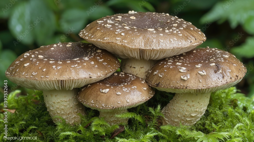 Forest mushrooms cluster close-up moss background Forest mushrooms cluster close-up moss background