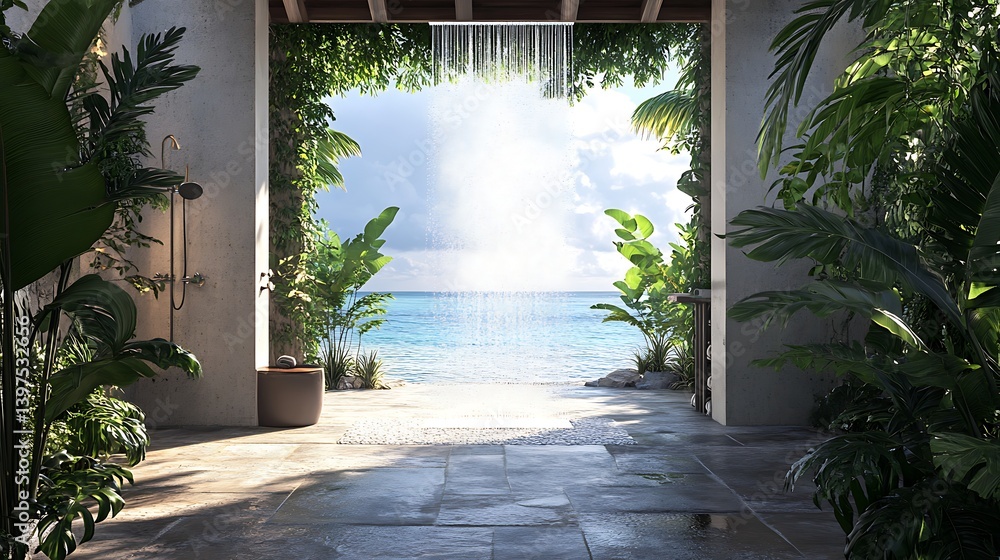 Luxurious open air shower with ocean view and tropical plants high resolution picture