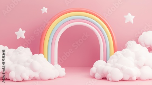 Playful pastel rainbow arching over fluffy clouds in a whimsical pink background with cute stars floating nearby