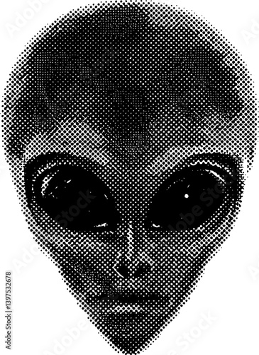 Alien halftone bitmap collage element on transparent background, Alien y2k collage element, Extraterrestrial grunge photocopy magazine clipping with isolated clipping path