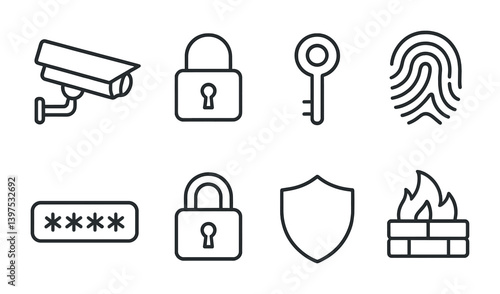 Security and protection icons set: flat style with cctv, lock, key, fingerprint, password, shield, firewall