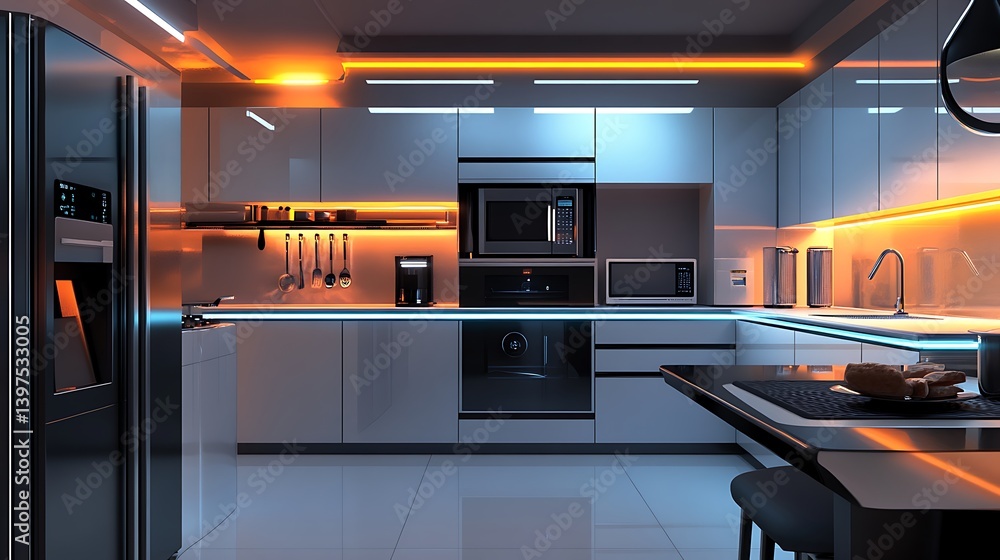 Minimalist kitchen with advanced technology and glowing light features high resolution image