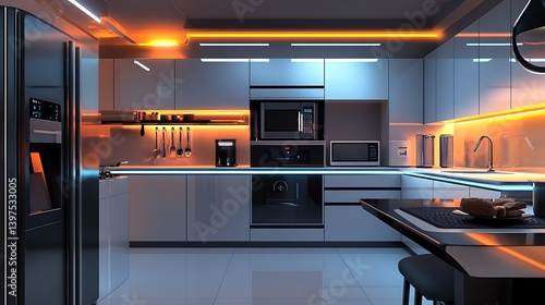 Obraz na płótnie Minimalist kitchen with advanced technology and glowing light features high resolution image w salonie