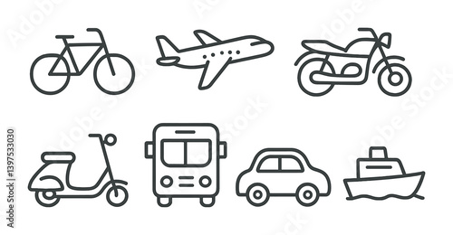 Linear transportation icons set: bicycle, airplane, motorcycle, scooter, bus, car, boat