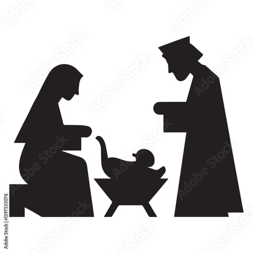 Flat Christmas nativity scene silhouette on white background.