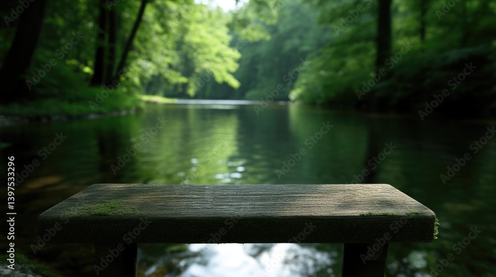 Fototapeta premium Rustic wooden bench by a tranquil river in a lush forest