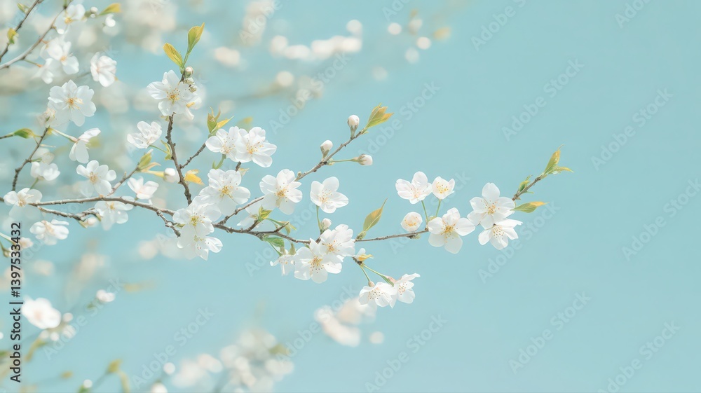 White Cherry Blossoms on Pale Blue Sky