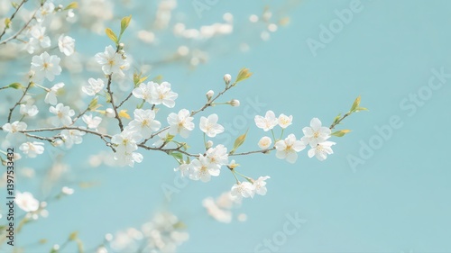 White Cherry Blossoms on Pale Blue Sky
