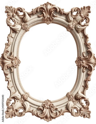 Close-up ornate Rococo oval frame in off-white with gilded accents suggesting luxury and grandeur with copy space