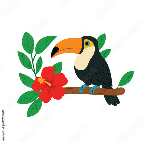 Tropical toucan bird sitting on a branch with  hibiscus flower and leaves. Exotic summer illustration. Perfect for jungle themes, kids designs, or travel decor.