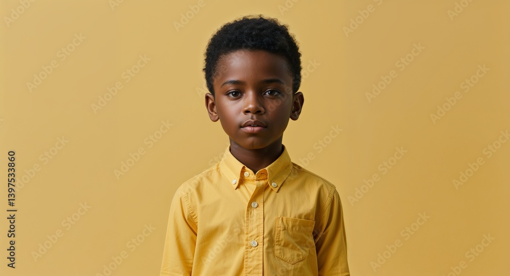 black African kid boy on yellow plain bright background modern chic fashion pose model portrait portrait banner with copy space ad concept marketing black African kid boy on yellow plain bright background modern chic fashion pose model portrait portrait banner with copy space ad concept marketing