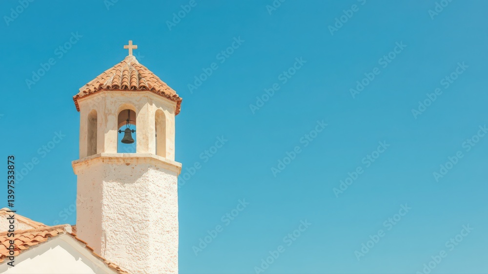 White Church Tower with Orange Tile Roof against a Clear Blue Sky on a Sunny Day in a Simple Architectural Style