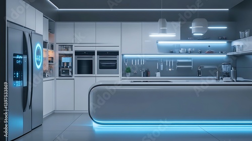 Obraz na płótnie Modern futuristic kitchen design with LED lighting features high resolution image w salonie