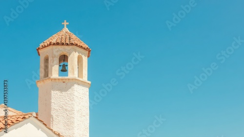 White Church Tower with Orange Tile Roof against a Clear Blue Sky on a Sunny Day in a Simple Architectural Style