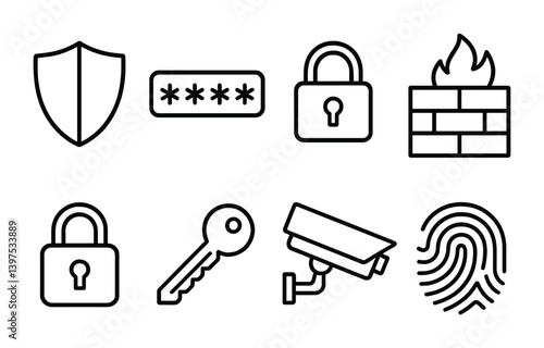 Security and privacy linear icons set: shield, password, camera, firewall, key, fingerprint
