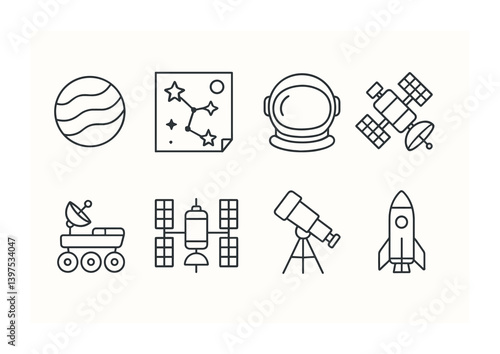 Space exploration icon set: astronaut helmet, telescope, rocket, more - linear style