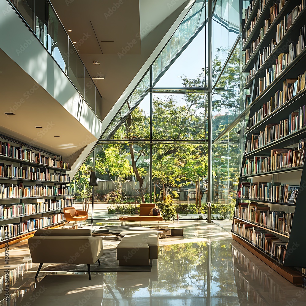 Modern library with trees view and bright design high resolution picture