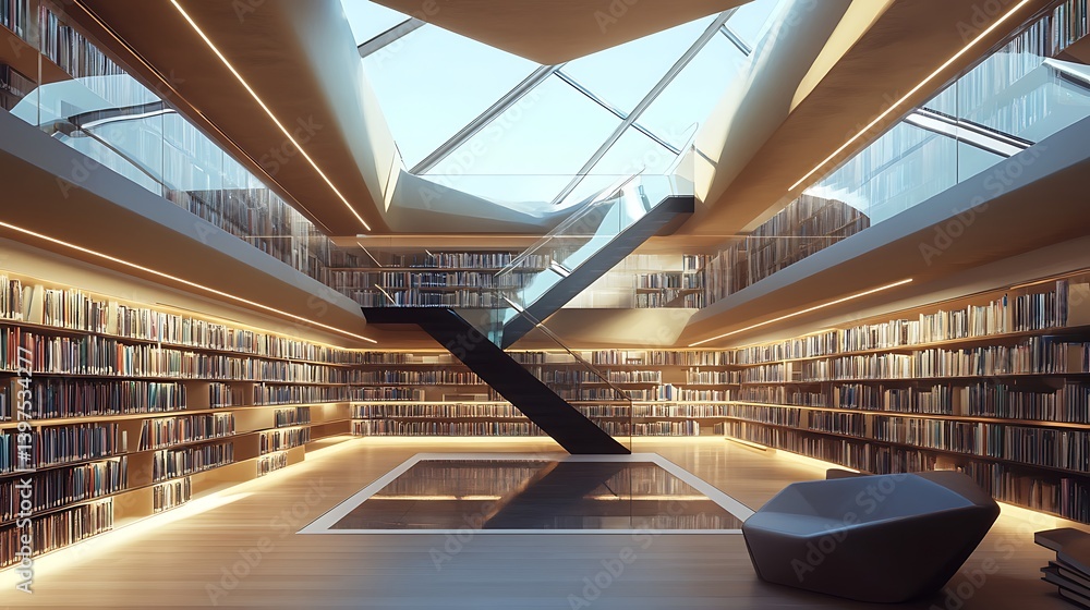 Modern library with large windows and elegant design high resolution picture