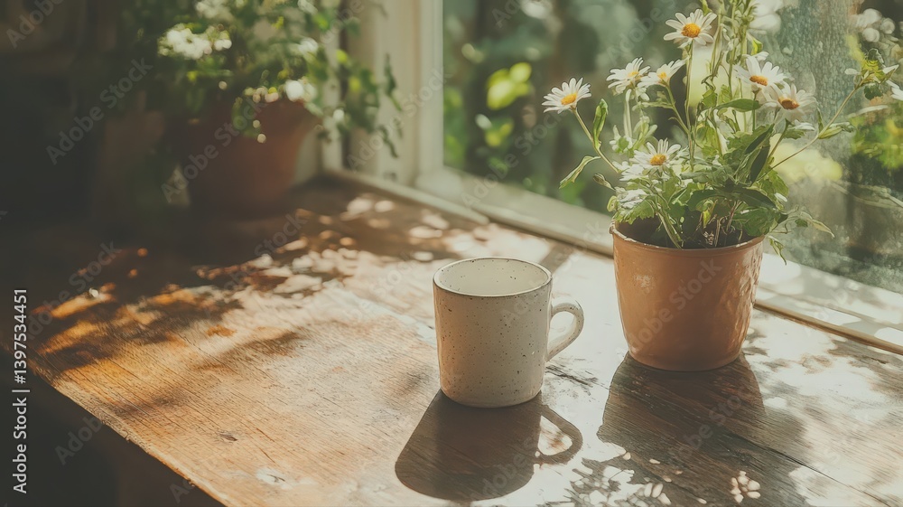 White Coffee Mug and Daisies on Rustic Windowsill in Sunlight