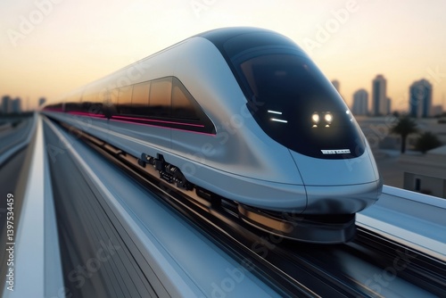 Obraz na płótnie High-speed train travels along modern track at sunset in urban environment w salonie
