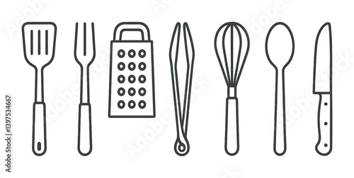 6 essential kitchen tools icons set in linear style for cooking and culinary projects