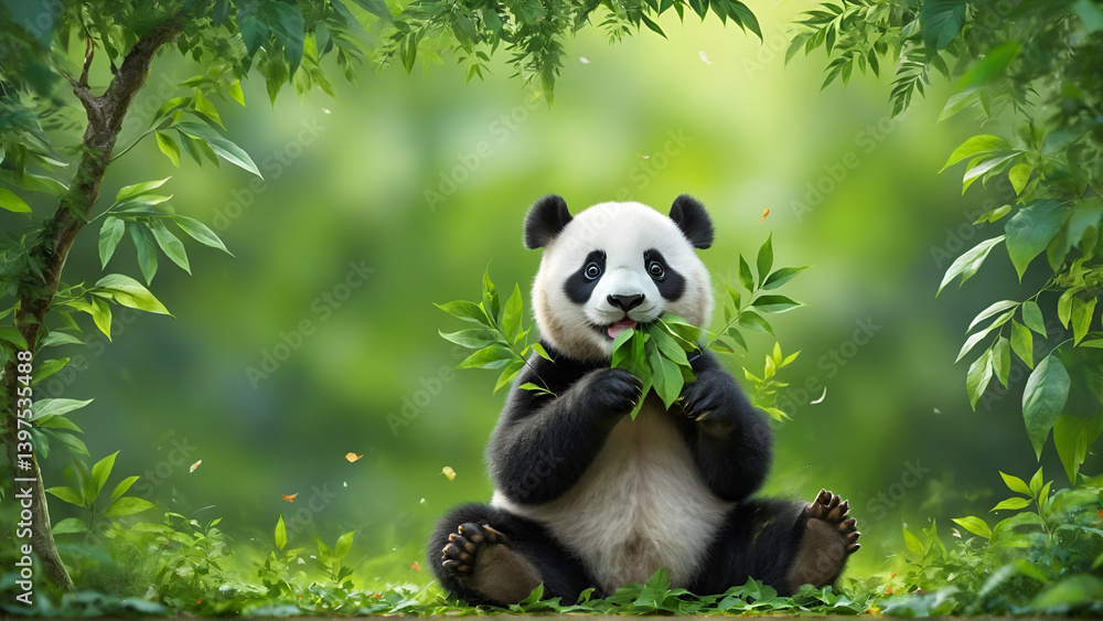 Obraz premium panda sitting on the leaves and eating leaves, Generative AI