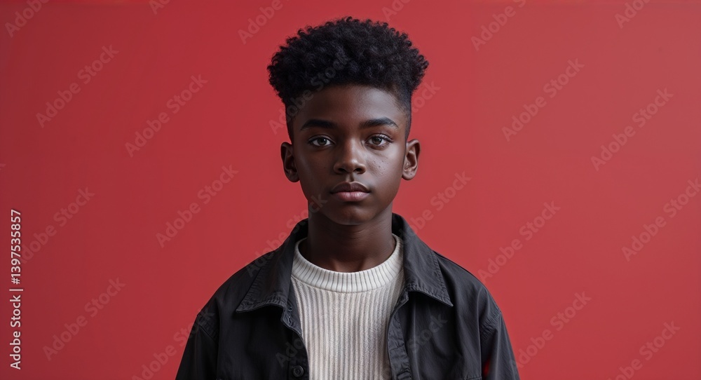 Obraz premium black African teen boy on red plain bright background modern chic fashion pose model portrait portrait banner with copy space ad concept marketing