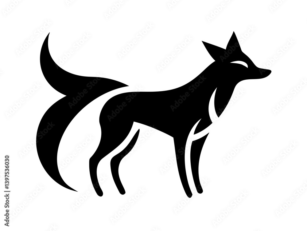 Naklejka premium Powerful black silhouette of a stylized fox head logo. A bold, stylized graphic of a fox head, in solid black silhouette against a white background.