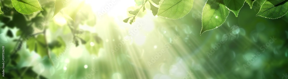 The background is a blurred green light, with sunlight shining through the leaves on both sides of The background is a blurred green light, with sunlight shining through the leaves on both sides of