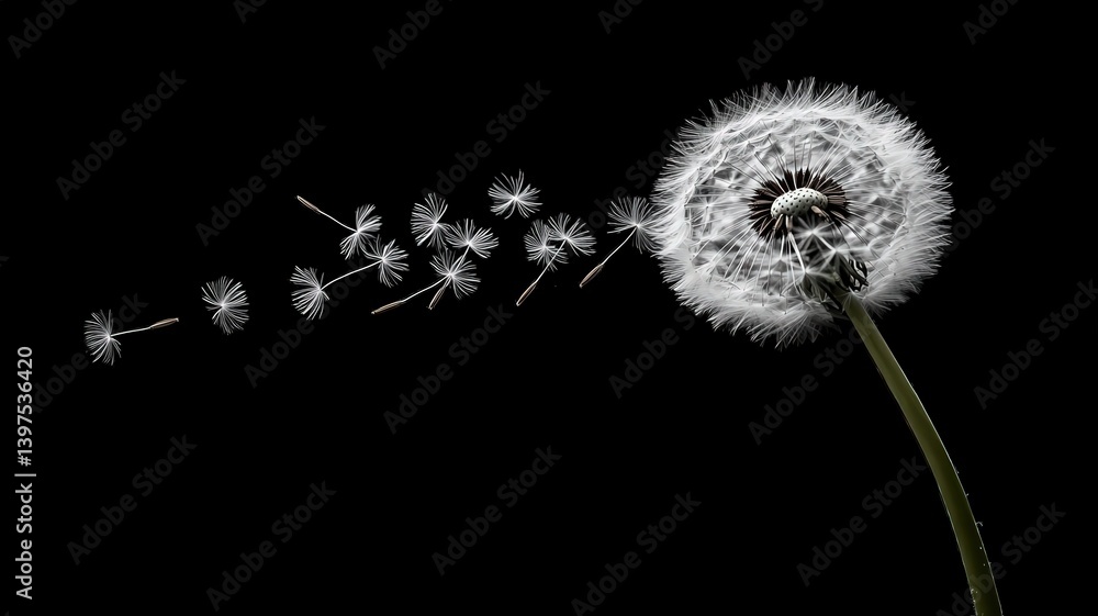 White Dandelion Seeds Blowing on Black Background