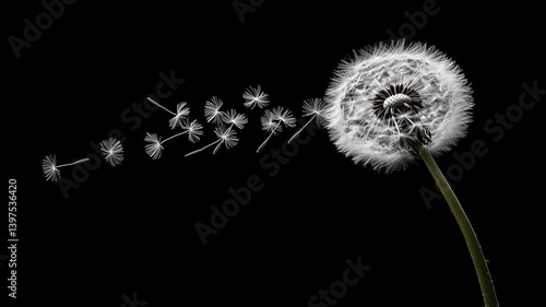 Obraz na płótnie White Dandelion Seeds Blowing on Black Background w salonie