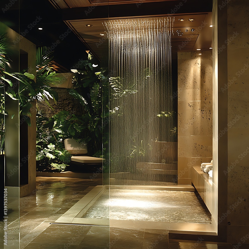 Sculptural bathroom design featuring a unique shower with soft illumination high resolution picture