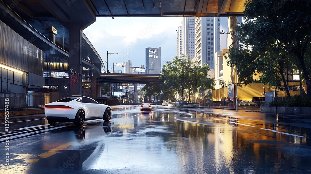 Self driving car with illuminated wheels navigating through neon lit city high resolution picture