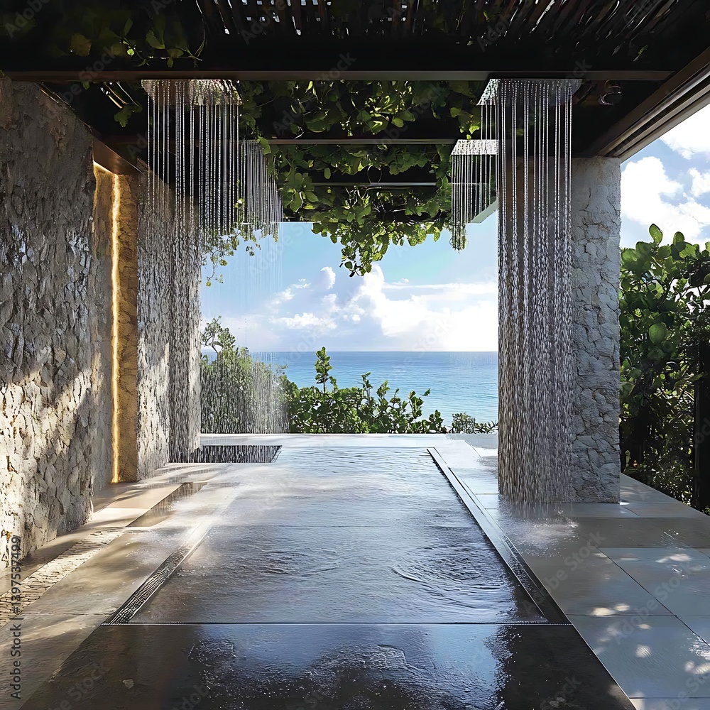 Serene outdoor shower with ocean view surrounded by tropical greenery high resolution picture