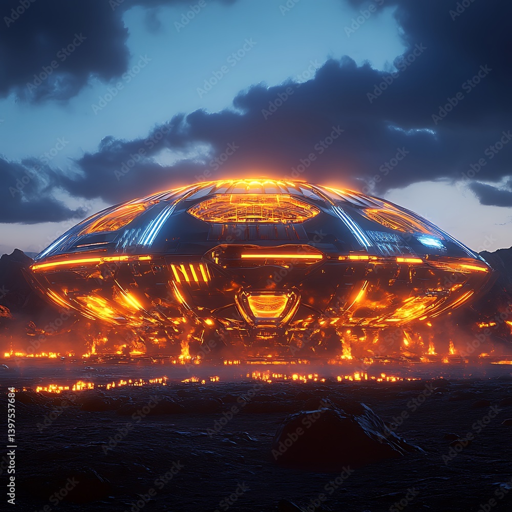 Sleek and modern stadium with illuminated dome structure high resolution picture