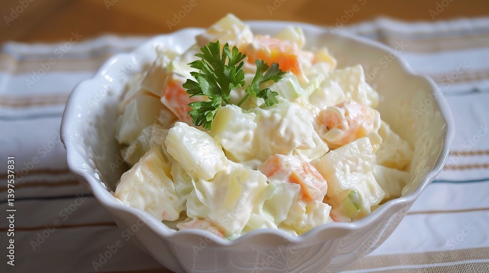 An appealing plate of Kartoffelsalat is attractively showcased. The Kartoffelsalat, a classic German potato salad, features an array of well - cooked, sliced potatoes An appealing plate of Kartoffelsalat is attractively showcased. The Kartoffelsalat, a classic German potato salad, features an array of well - cooked, sliced potatoes
