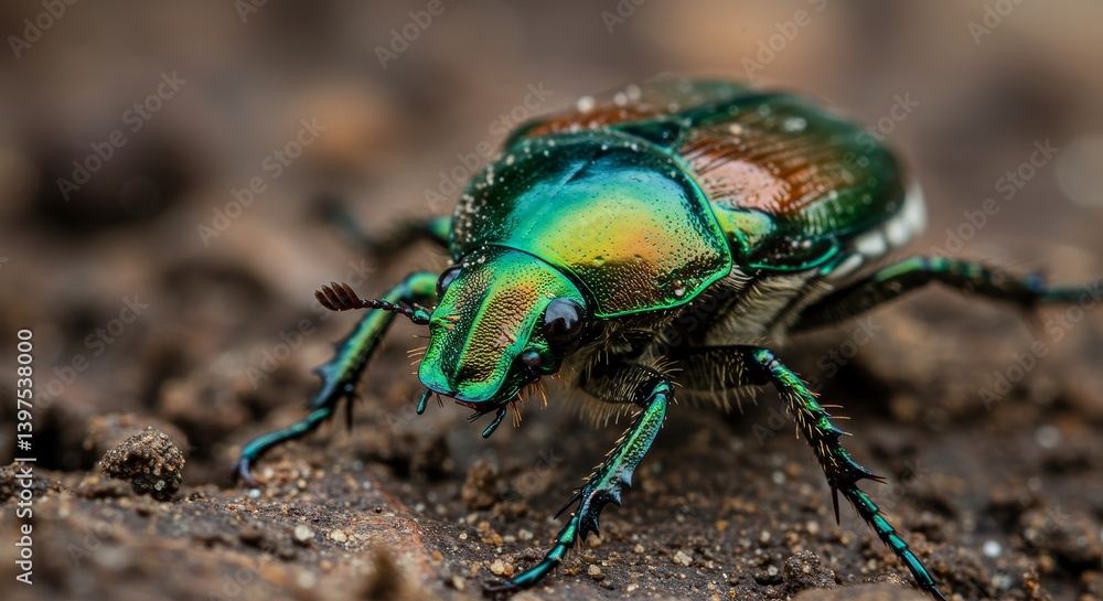 Green June Beetle Macro Wildlife - Close-up macro photograph of a vibrant green June beetle on the ground. Symbolizing nature, wildlife, detail, beauty, and resilience Green June Beetle Macro Wildlife - Close-up macro photograph of a vibrant green June beetle on the ground. Symbolizing nature, wildlife, detail, beauty, and resilience