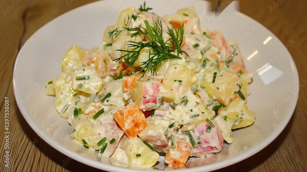 An appealing plate of Kartoffelsalat is attractively showcased. The Kartoffelsalat, a classic German potato salad, features an array of well - cooked, sliced potatoes An appealing plate of Kartoffelsalat is attractively showcased. The Kartoffelsalat, a classic German potato salad, features an array of well - cooked, sliced potatoes