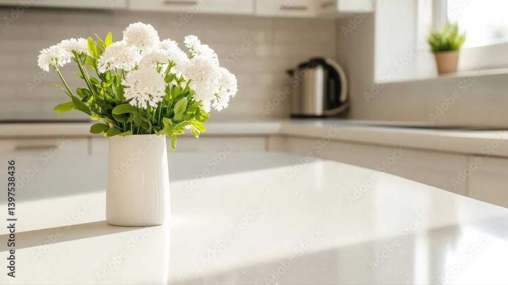 White Flowers in a Modern Kitchen Setting