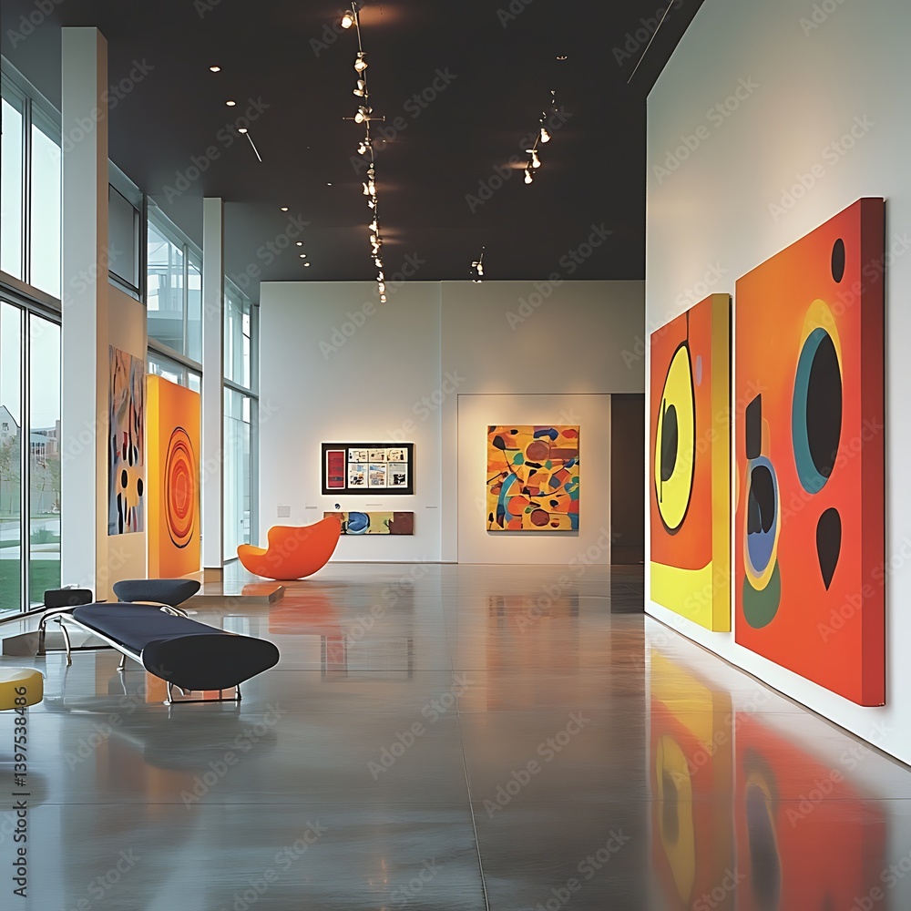 Spacious and vibrant modern art gallery with abstract colorful artworks high resolution picture