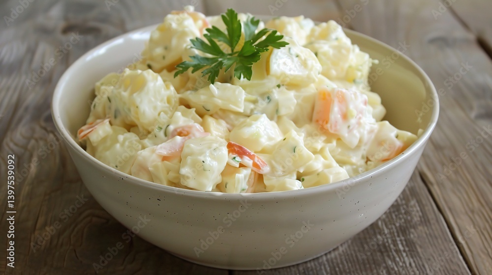 An appealing plate of Kartoffelsalat is attractively showcased. The Kartoffelsalat, a classic German potato salad, features an array of well - cooked, sliced potatoes An appealing plate of Kartoffelsalat is attractively showcased. The Kartoffelsalat, a classic German potato salad, features an array of well - cooked, sliced potatoes