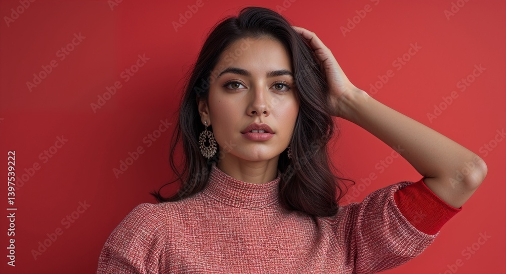 latin Hispanic 20s woman on red plain bright background modern chic fashion pose model portrait portrait banner with copy space ad concept marketing latin Hispanic 20s woman on red plain bright background modern chic fashion pose model portrait portrait banner with copy space ad concept marketing