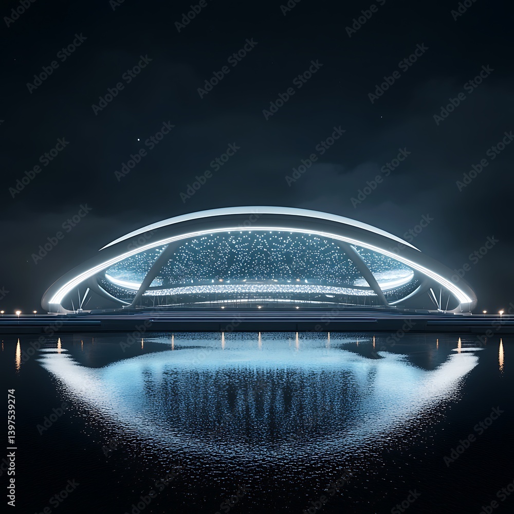 Stunning futuristic stadium with glowing dome and city skyline background high resolution picture