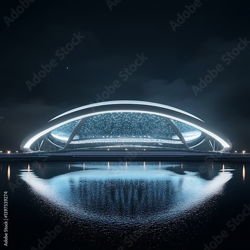 Obraz na płótnie Stunning futuristic stadium with glowing dome and city skyline background high resolution picture w salonie