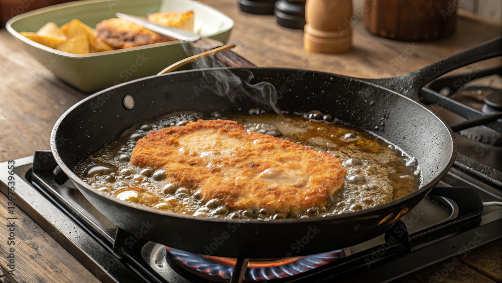 Schnitzel. Frying — schnitzel cooking in hot oil until golden brown (series: schnitzel preparation, step 5 of 6)