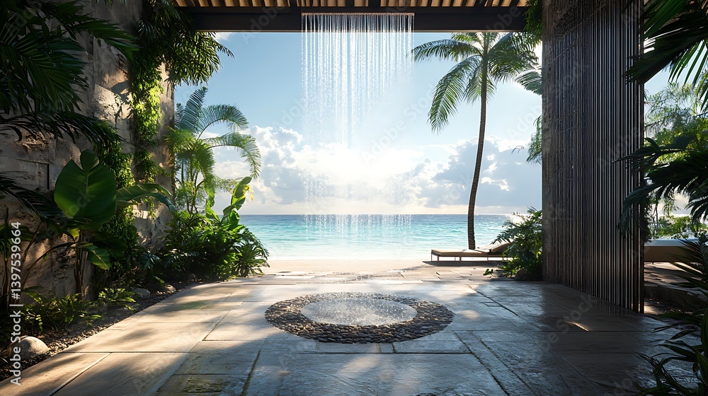 Stunning outdoor shower fountain with ocean view and lush greenery high resolution picture
