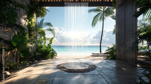 Obraz na płótnie Stunning outdoor shower fountain with ocean view and lush greenery high resolution picture w salonie