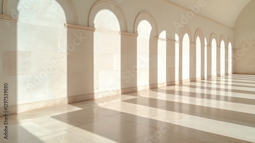 Obraz na płótnie White Hallway With Arches And Terrazzo Floor Illuminated By Sunlight Creating A Play Of Light And Shadow In A Simple Elegant Modern Design Building w salonie