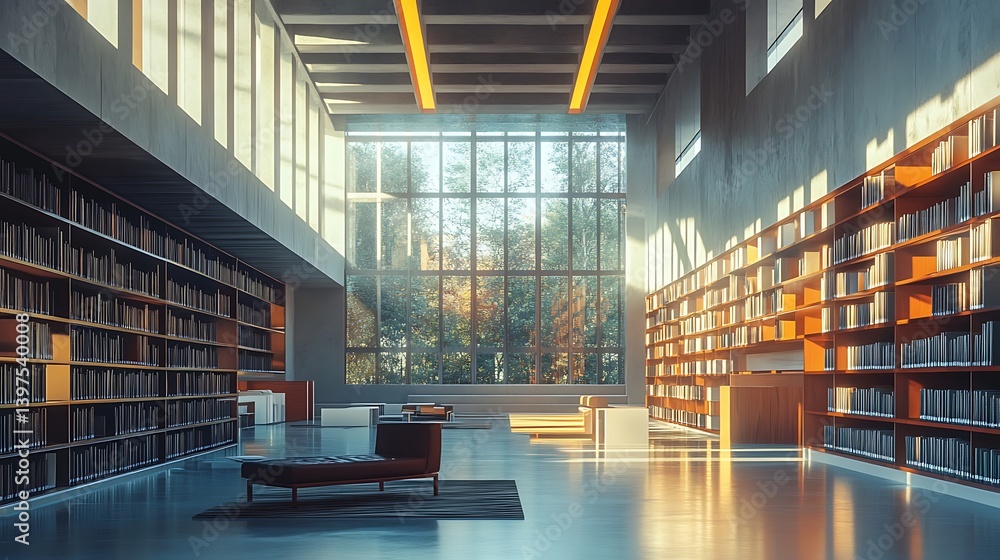 Stylish library interior featuring large glass windows high resolution picture