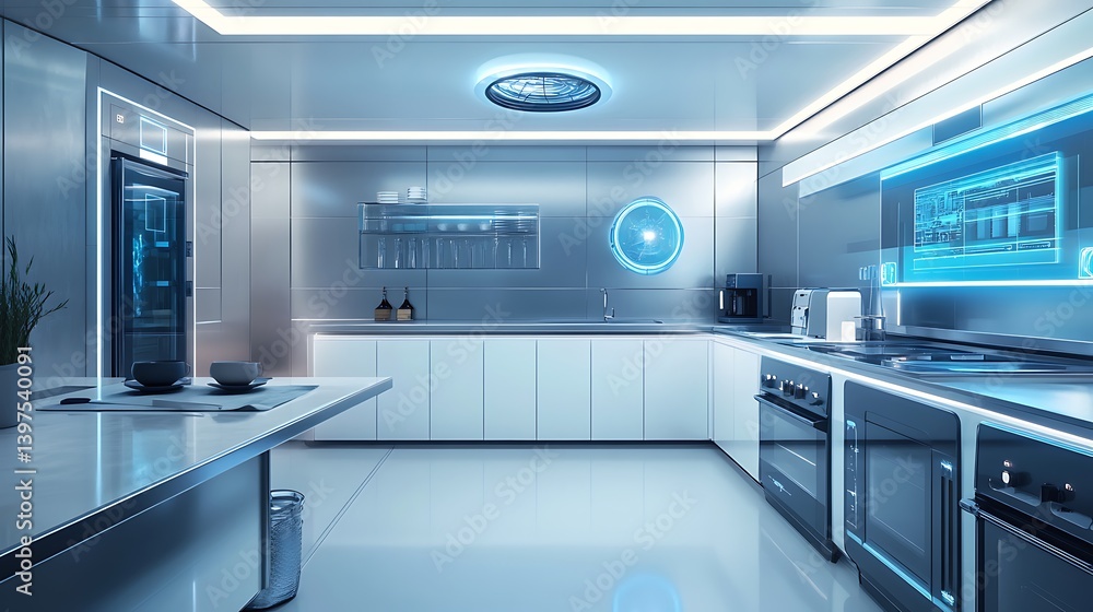 Stylish kitchen design with illuminated shelves and futuristic aesthetics high resolution image